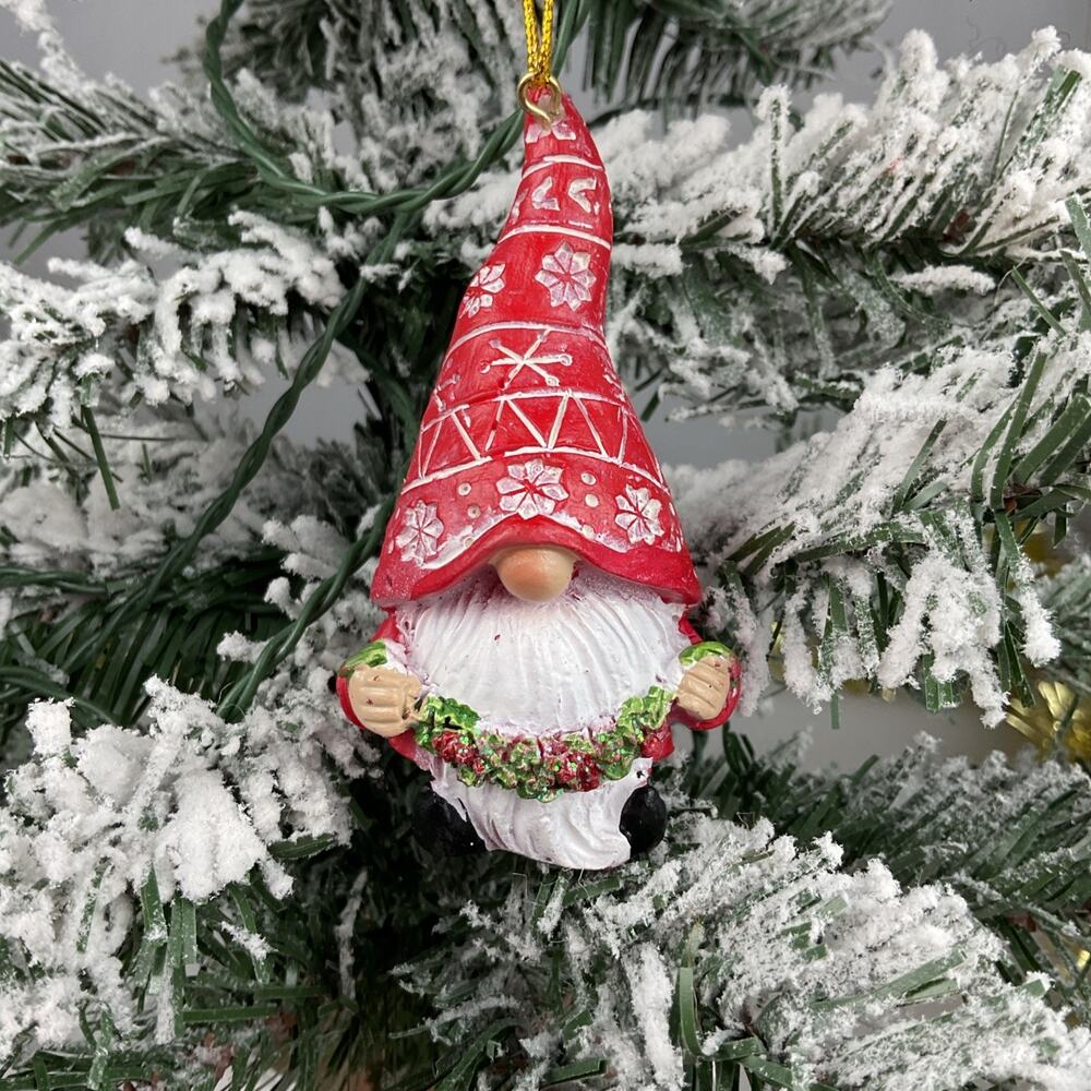 Christmas Ornament-Red And White Gnome Holding Tinsel -The Bridge Collection-